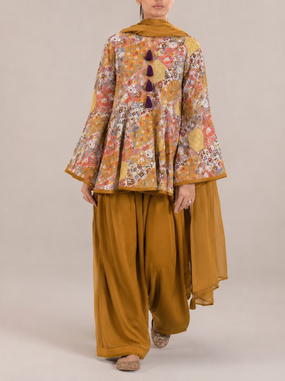 Title: Mustard Mosaic Peplum Patiala Set