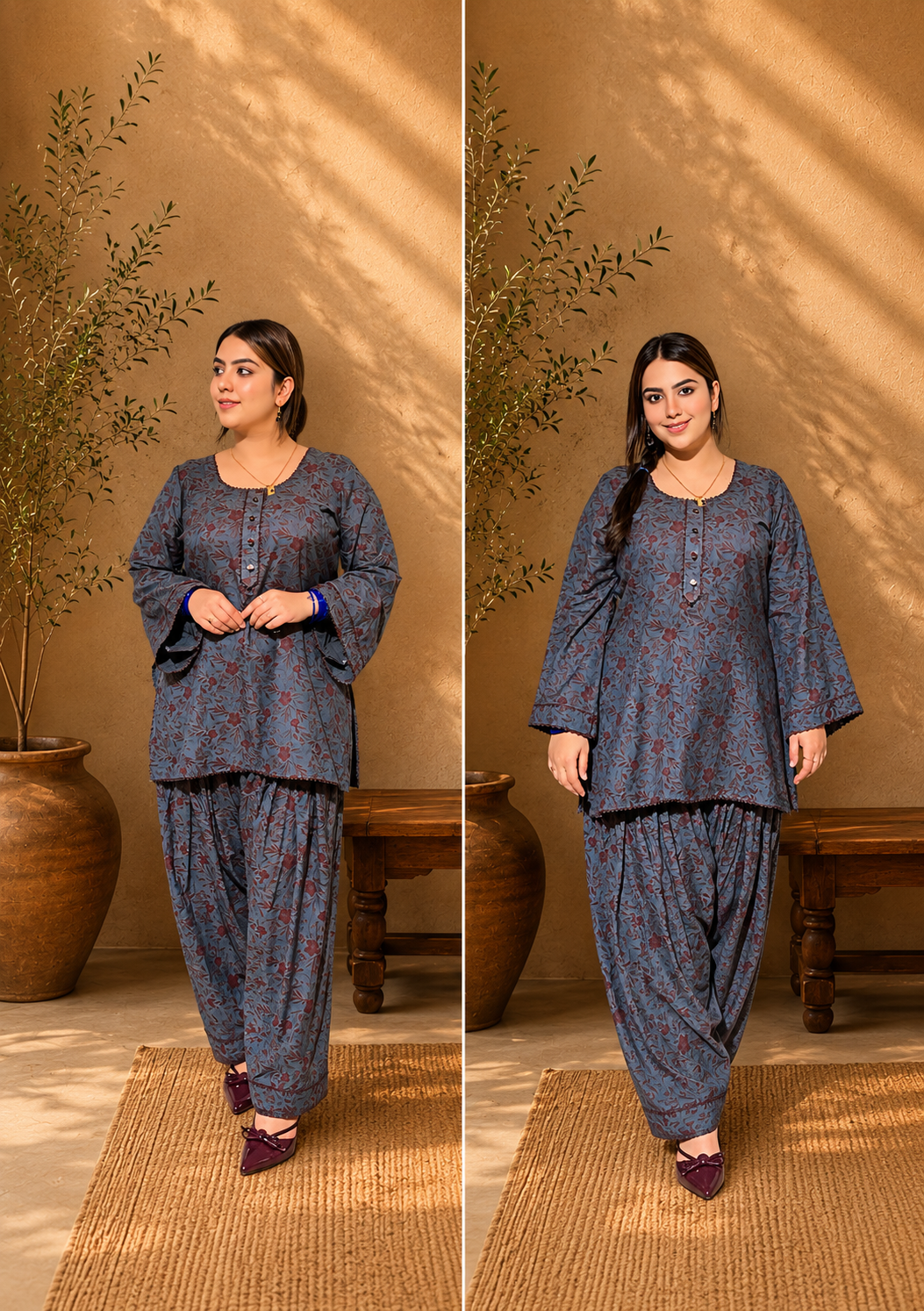 Elegant blue floral printed wash & wear two piece suit