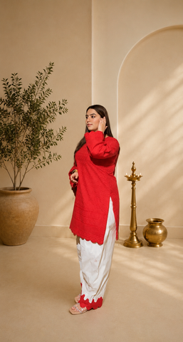 Rubi red chikankari kurta with white tulip salwar set
