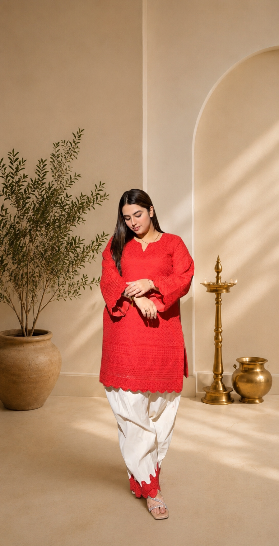 Rubi red chikankari kurta with white tulip salwar set