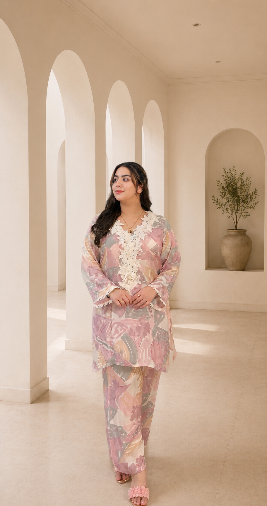 Pastel bloom printed co-Ord set with lace neck detailing