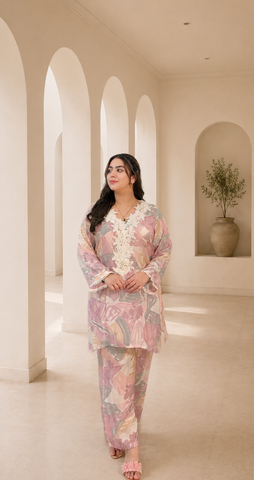Pastel bloom printed co-Ord set with lace neck detailing