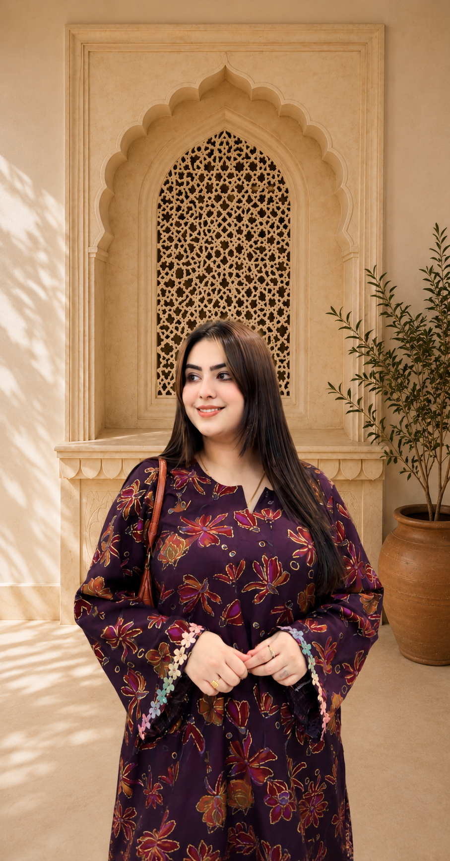 Elegant plum floral printed farshi salwar suit set