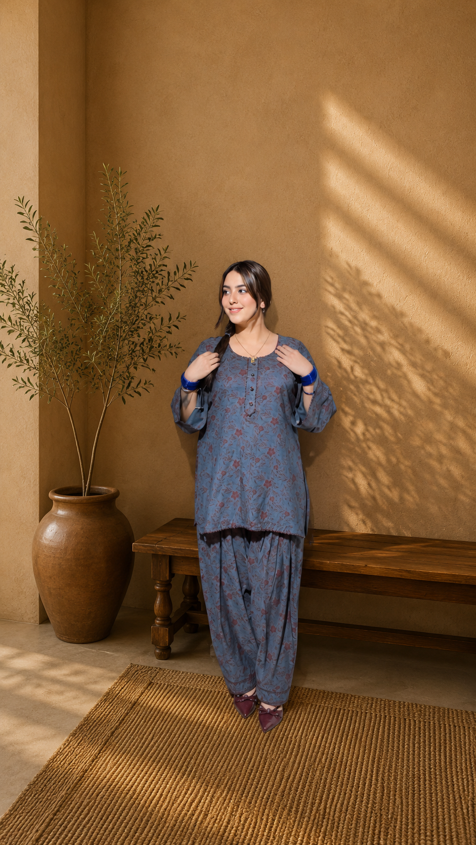 Elegant blue floral printed wash & wear two piece suit
