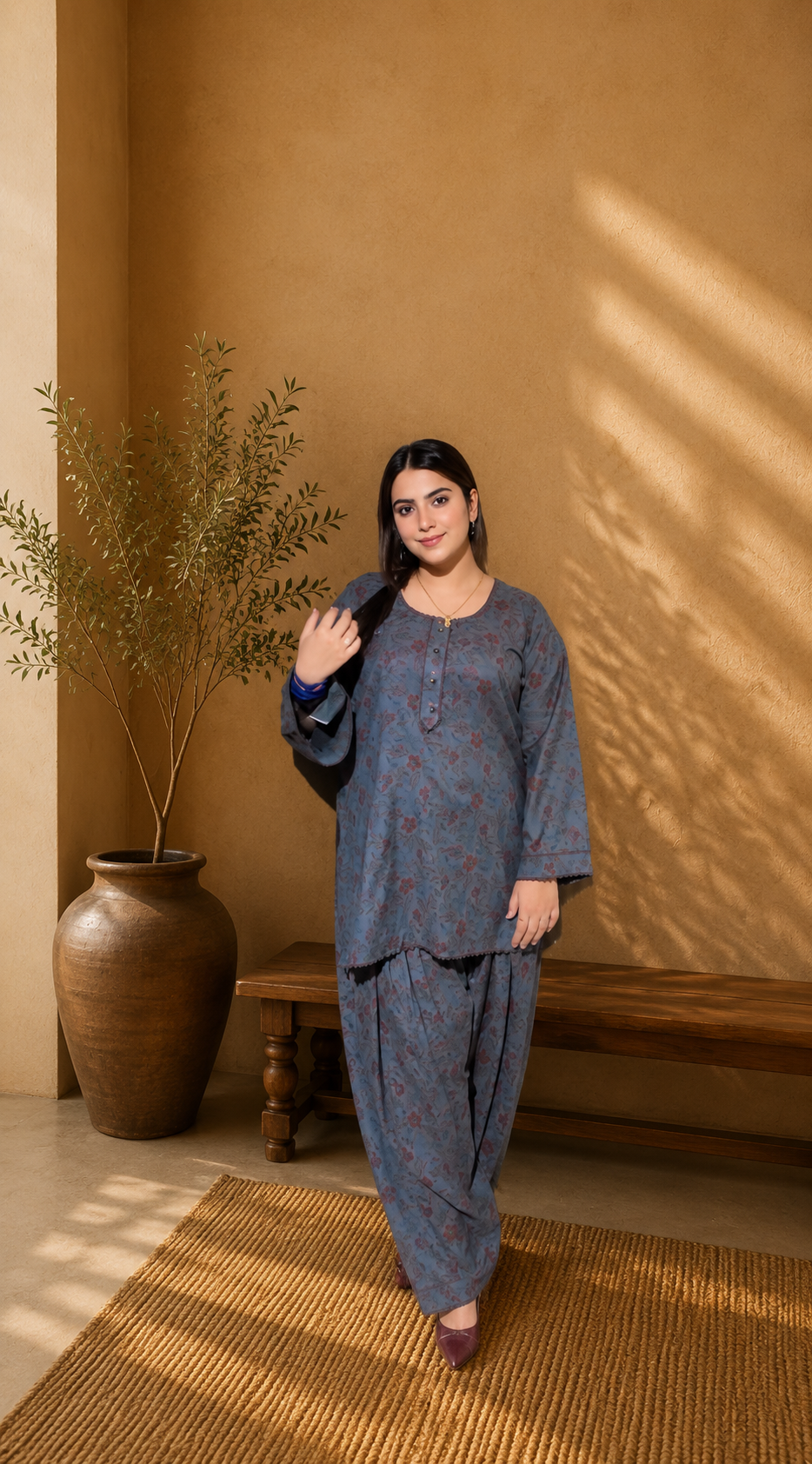 Elegant blue floral printed wash & wear two piece suit