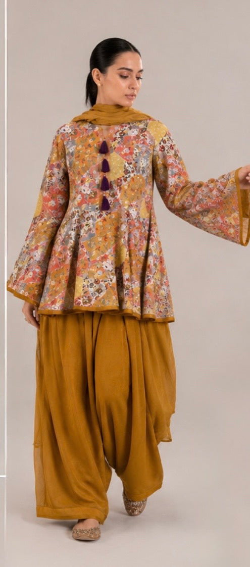 Title: Mustard Mosaic Peplum Patiala Set
