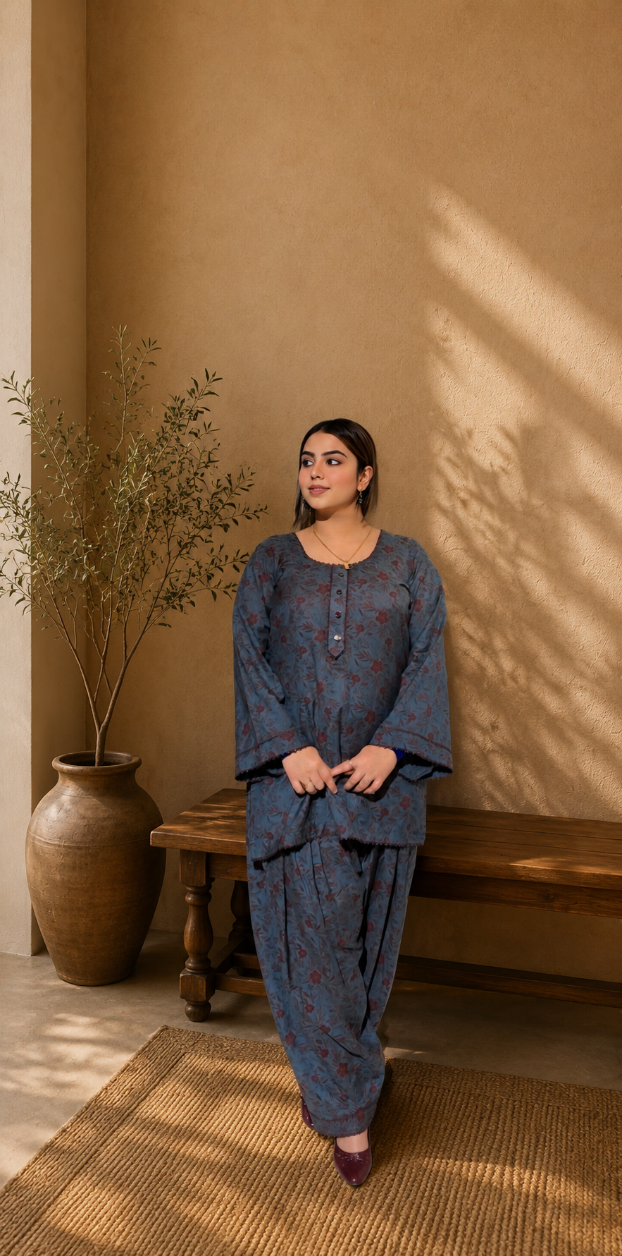 Elegant blue floral printed wash & wear two piece suit
