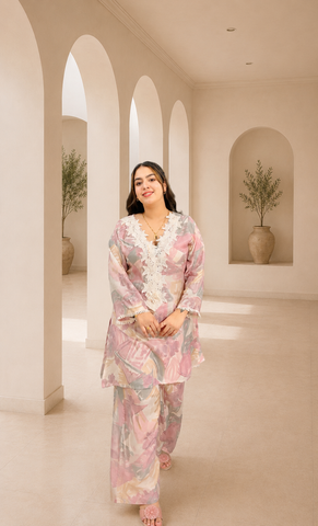 Pastel bloom printed co-Ord set with lace neck detailing