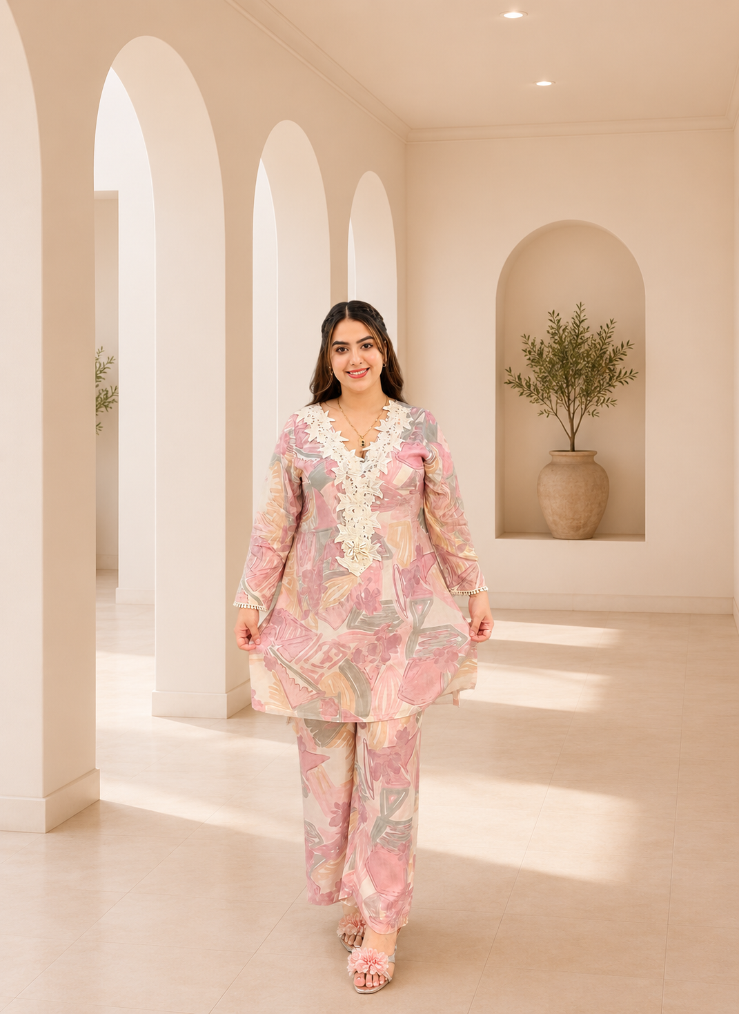 Pastel bloom printed co-Ord set with lace neck detailing