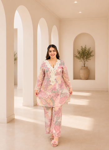 Pastel bloom printed co-Ord set with lace neck detailing