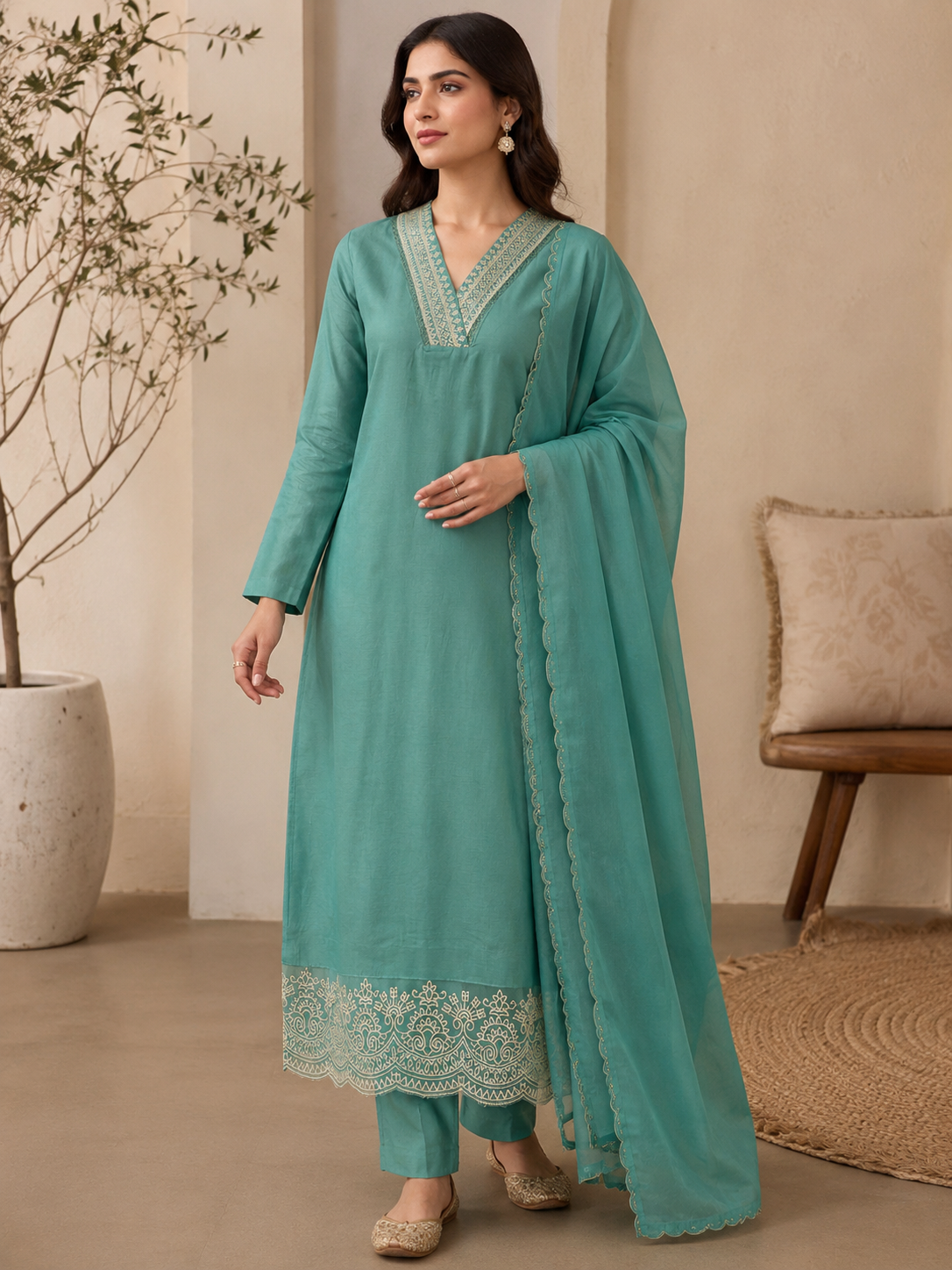 Aqua Serenity Embroidered Suit Set