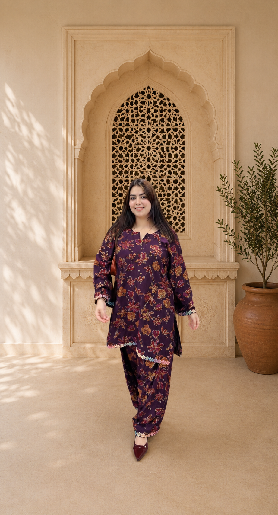 Elegant plum floral printed farshi salwar suit set