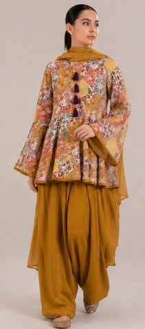 Title: Mustard Mosaic Peplum Patiala Set