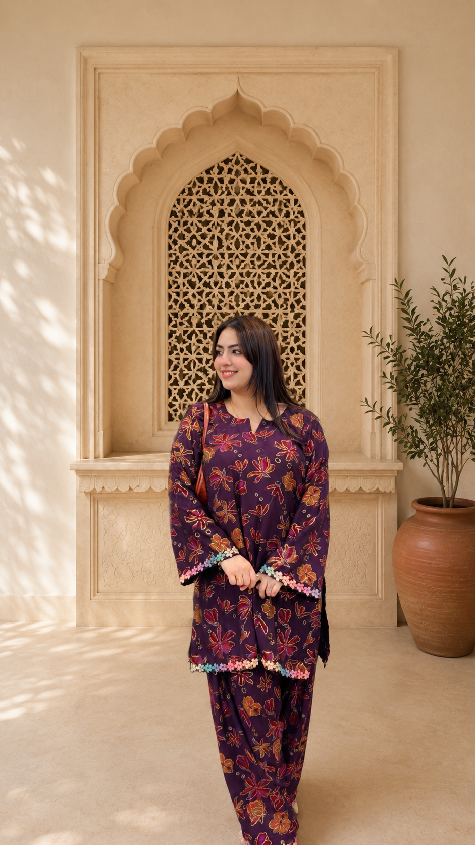 Elegant plum floral printed farshi salwar suit set