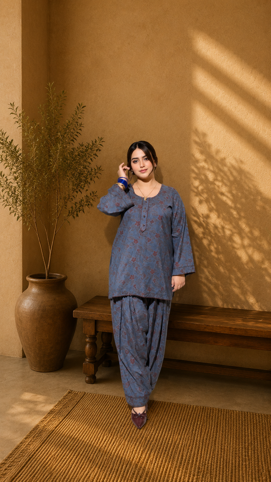 Elegant blue floral printed wash & wear two piece suit