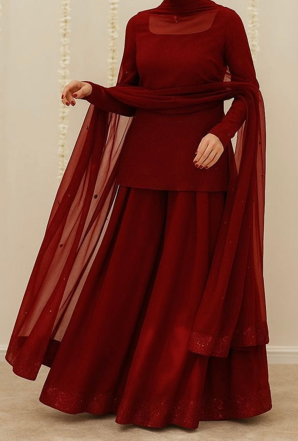 Elegant Deep Red Sharara Suit Set