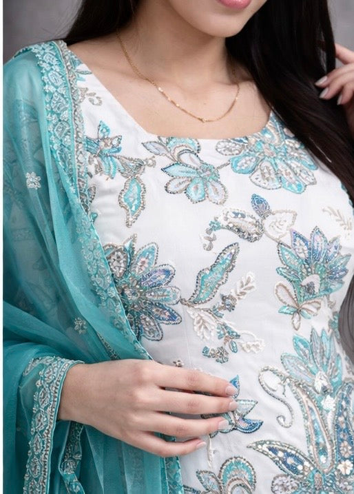 premium teal handwork suit set with sharara and handwork dupatta