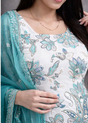 premium teal handwork suit set with sharara and handwork dupatta