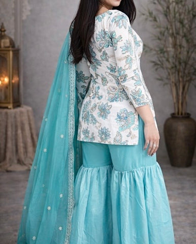 premium teal handwork suit set with sharara and handwork dupatta