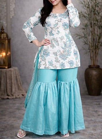 premium teal handwork suit set with sharara and handwork dupatta
