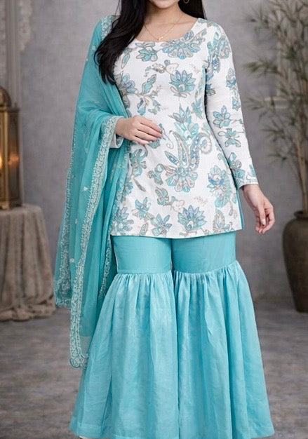 premium teal handwork suit set with sharara and handwork dupatta