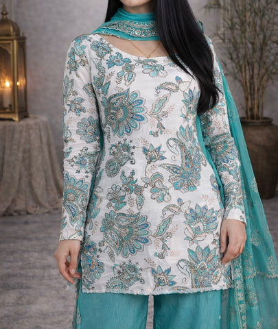 premium teal handwork suit set with sharara and handwork dupatta