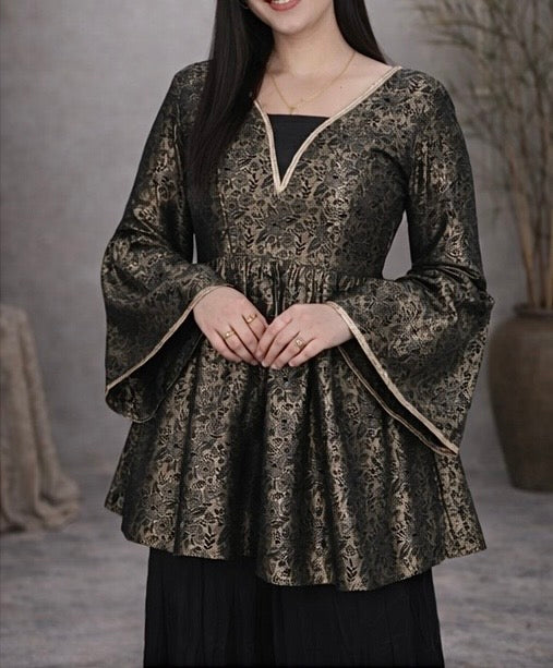 Elegant black banarasi pelpum suit with rich gold weaving  , flared silhouette and statement bell sleeves - perfect for festive and occasion wear