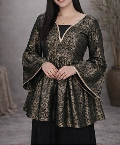 Elegant black banarasi pelpum suit with rich gold weaving  , flared silhouette and statement bell sleeves - perfect for festive and occasion wear