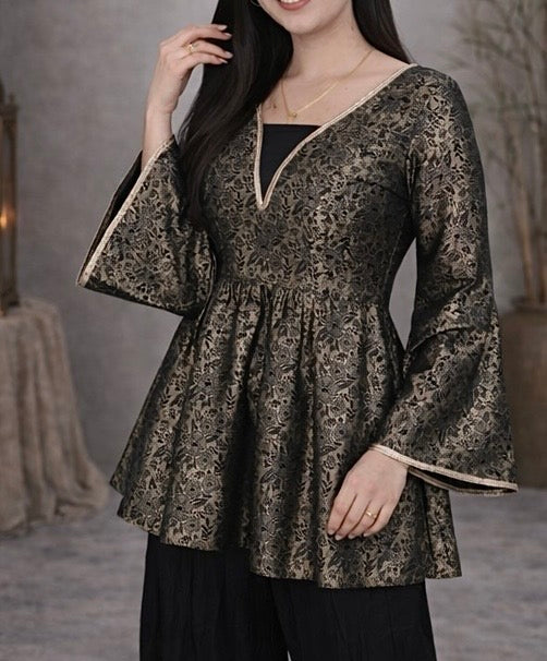 Elegant black banarasi pelpum suit with rich gold weaving  , flared silhouette and statement bell sleeves - perfect for festive and occasion wear