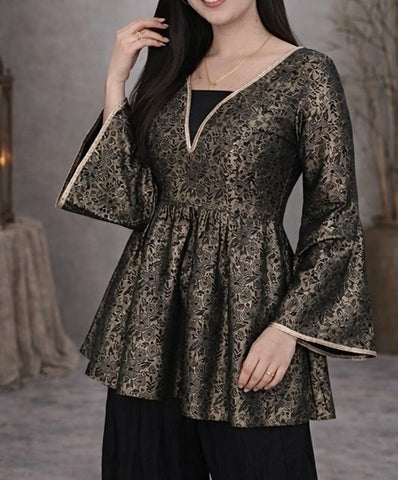 Elegant black banarasi pelpum suit with rich gold weaving  , flared silhouette and statement bell sleeves - perfect for festive and occasion wear
