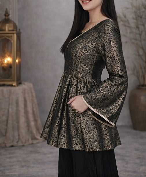 Elegant black banarasi pelpum suit with rich gold weaving  , flared silhouette and statement bell sleeves - perfect for festive and occasion wear
