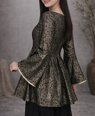 Elegant black banarasi pelpum suit with rich gold weaving  , flared silhouette and statement bell sleeves - perfect for festive and occasion wear