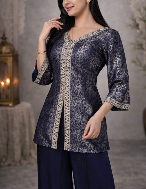 Elegant navy blue jacquard suit featuring intricate woven pattern with a refined contrast border , tailored in a flattering silhouette