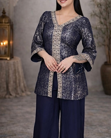 Elegant navy blue jacquard suit featuring intricate woven pattern with a refined contrast border , tailored in a flattering silhouette