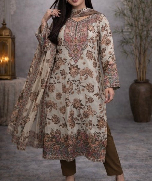 Elegant printed lawn suit with intricate neck embroidery