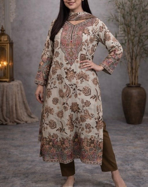 Elegant printed lawn suit with intricate neck embroidery
