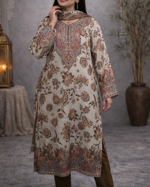 Elegant printed lawn suit with intricate neck embroidery