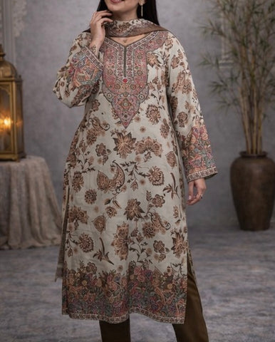 Elegant printed lawn suit with intricate neck embroidery