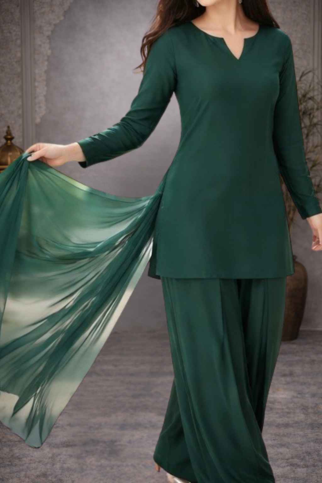 merald green minimalist straight kurta salwar set with chiffon dupatta