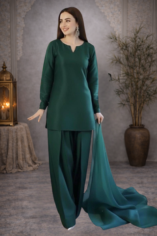 merald green minimalist straight kurta salwar set with chiffon dupatta