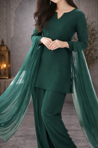 merald green minimalist straight kurta salwar set with chiffon dupatta