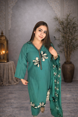 Emerald Bloom Embroidered Suit Set (Teal Green)
