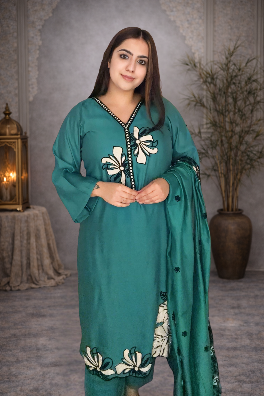 Emerald Bloom Embroidered Suit Set (Teal Green)
