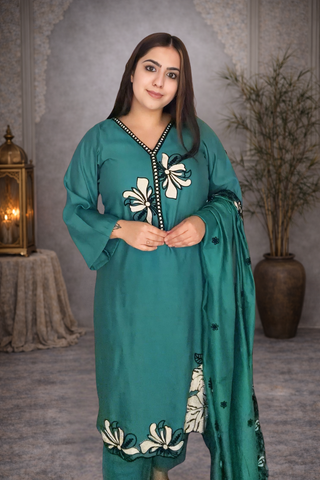 Emerald Bloom Embroidered Suit Set (Teal Green)