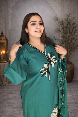 Emerald Bloom Embroidered Suit Set (Teal Green)