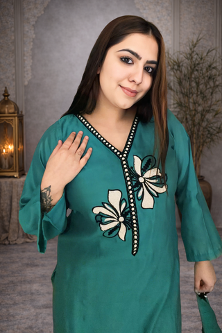 Emerald Bloom Embroidered Suit Set (Teal Green)
