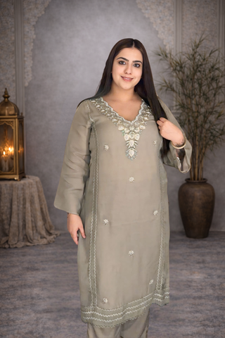 Elegant Sage Grey Embroidered Straight suit set