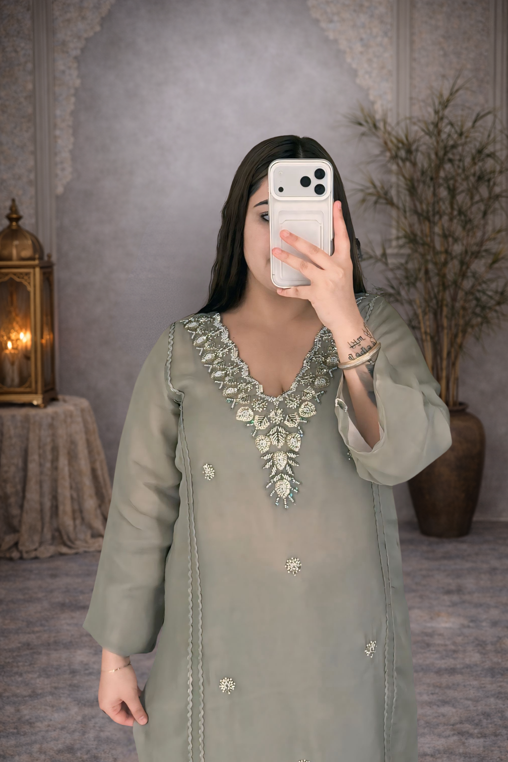 Elegant Sage Grey Embroidered Straight suit set