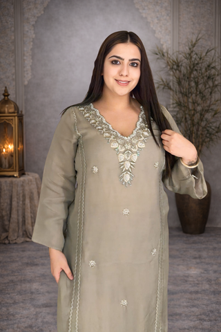 Elegant Sage Grey Embroidered Straight suit set