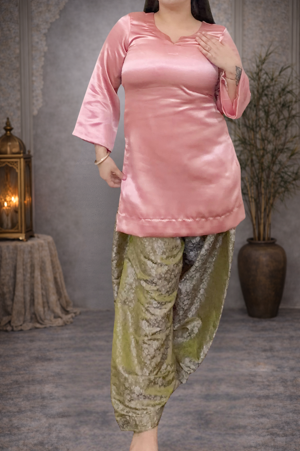 Elegant Peach Satin Kurta With Banarsi Salwar Set